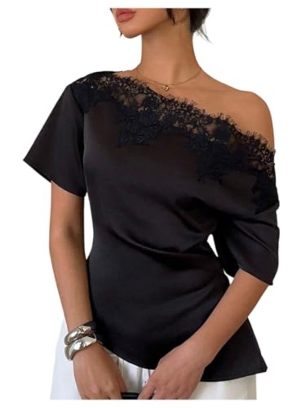 Off Shoulder Lace Trim Satin Blouse Asymmetrical Short Sleeve Top